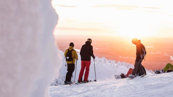 six young skiers & snowboarders